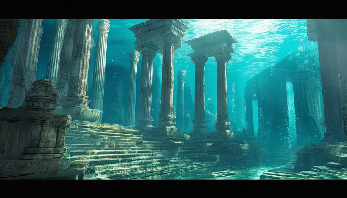 An underwater scene of the lost city of Atlantis with grand marble structures and ornate columns