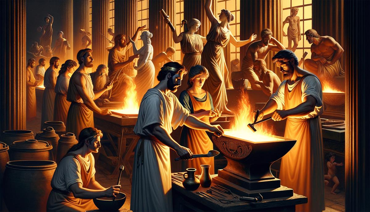 Ancient Greek craftsmen, such as ironworkers and bakers, offering silent praise to Ankhiale, the goddess of fire, as they work