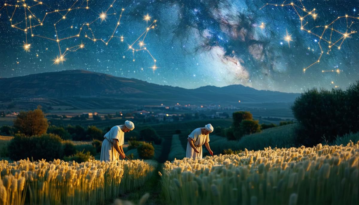 Ancient Greek farmers tending fields with constellations and mythological figures in the sky above