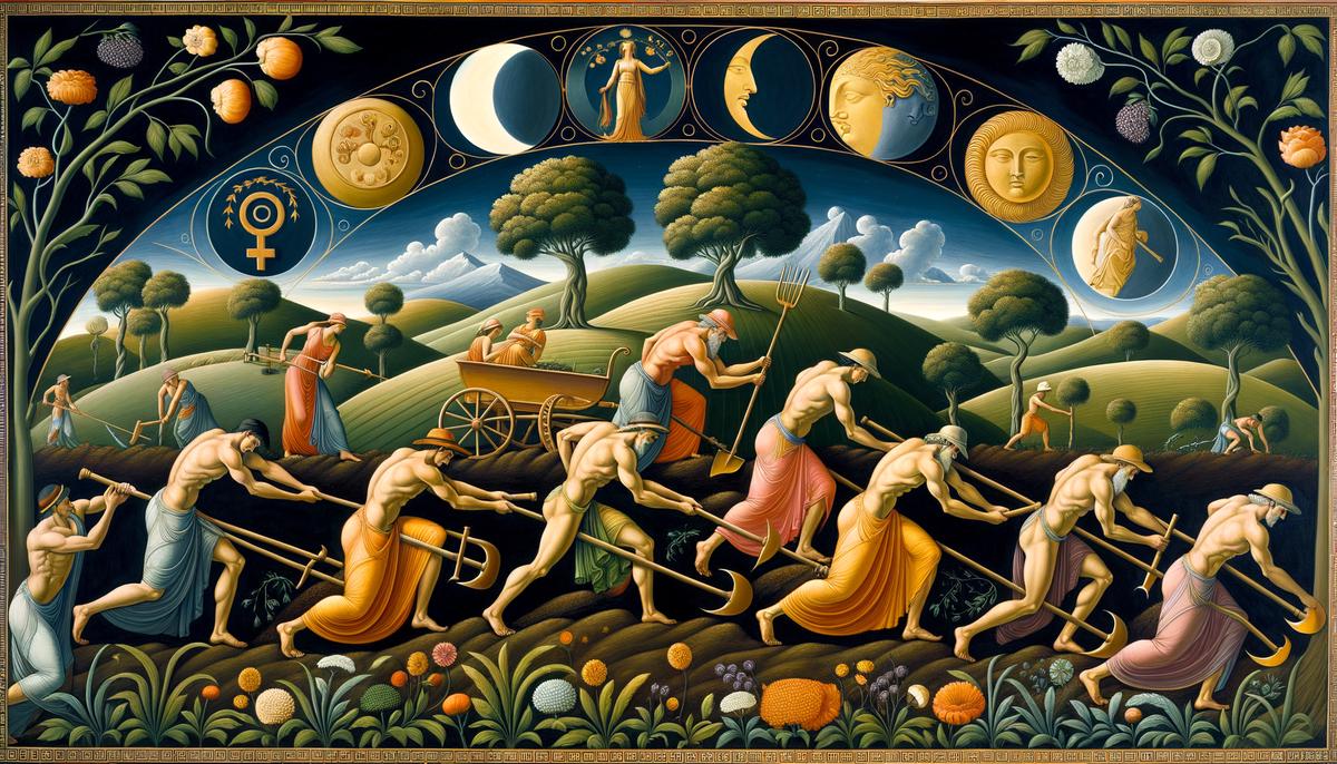 Ancient Greek farmers tilling the earth, drawing parallels to Eurynome's dance upon the primordial waters