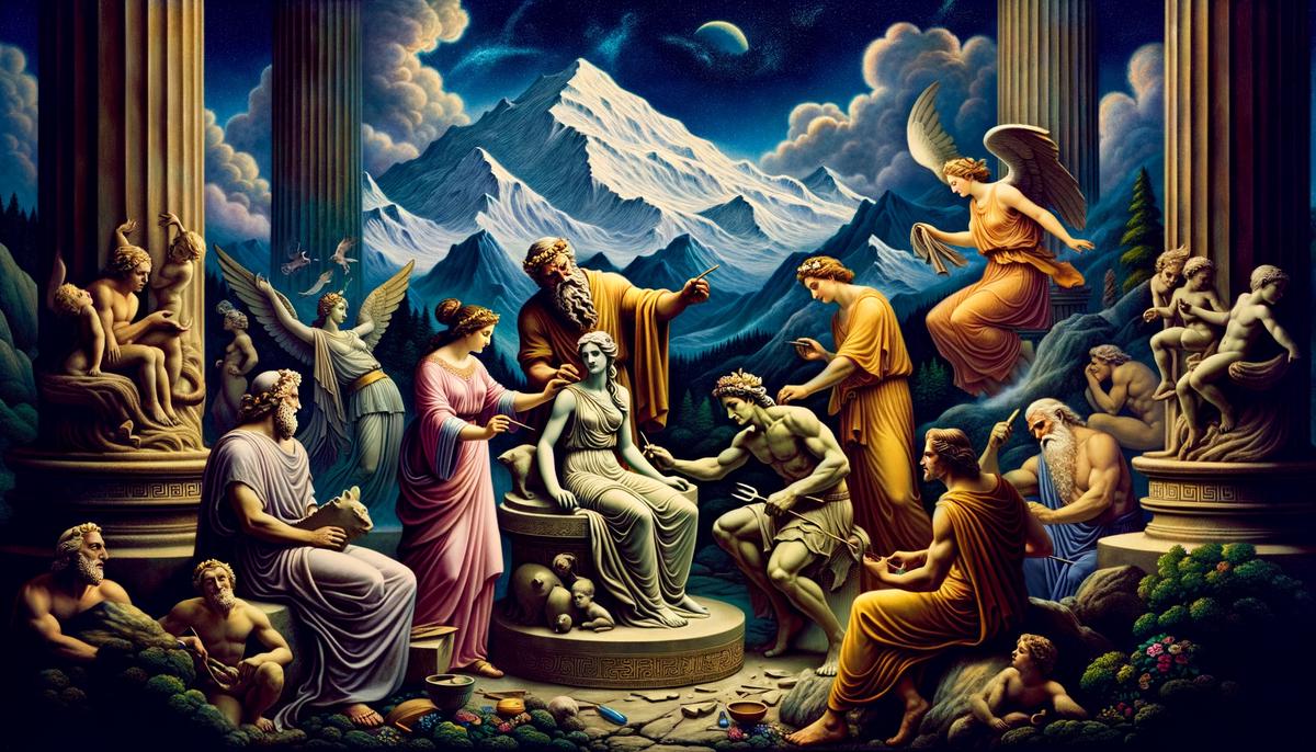 Ancient Greek gods working together to create Pandora, with Zeus overseeing the process