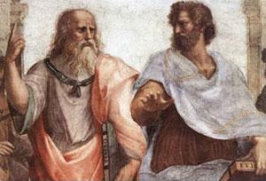 Ancient Greek philosophers like Plato and Aristotle discussing the moral and philosophical implications of Oedipus' tragic story
