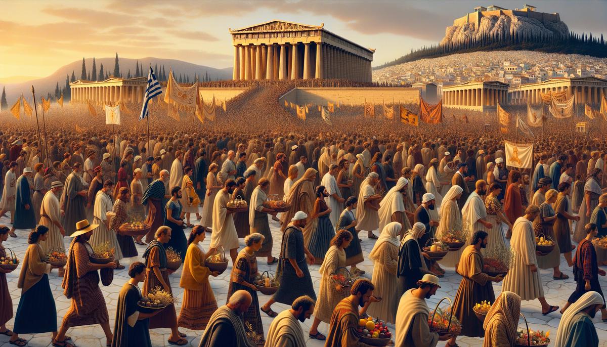 Ancient Greek procession during the Panathenaic Festival in honor of Athena Polias, with people carrying offerings to the Acropolis