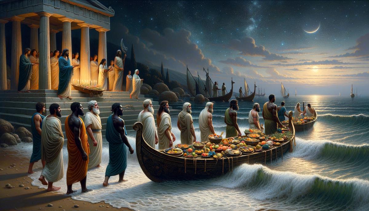 Ancient Greek sailors leaving offerings for the goddess Brizo on a moonlit beach