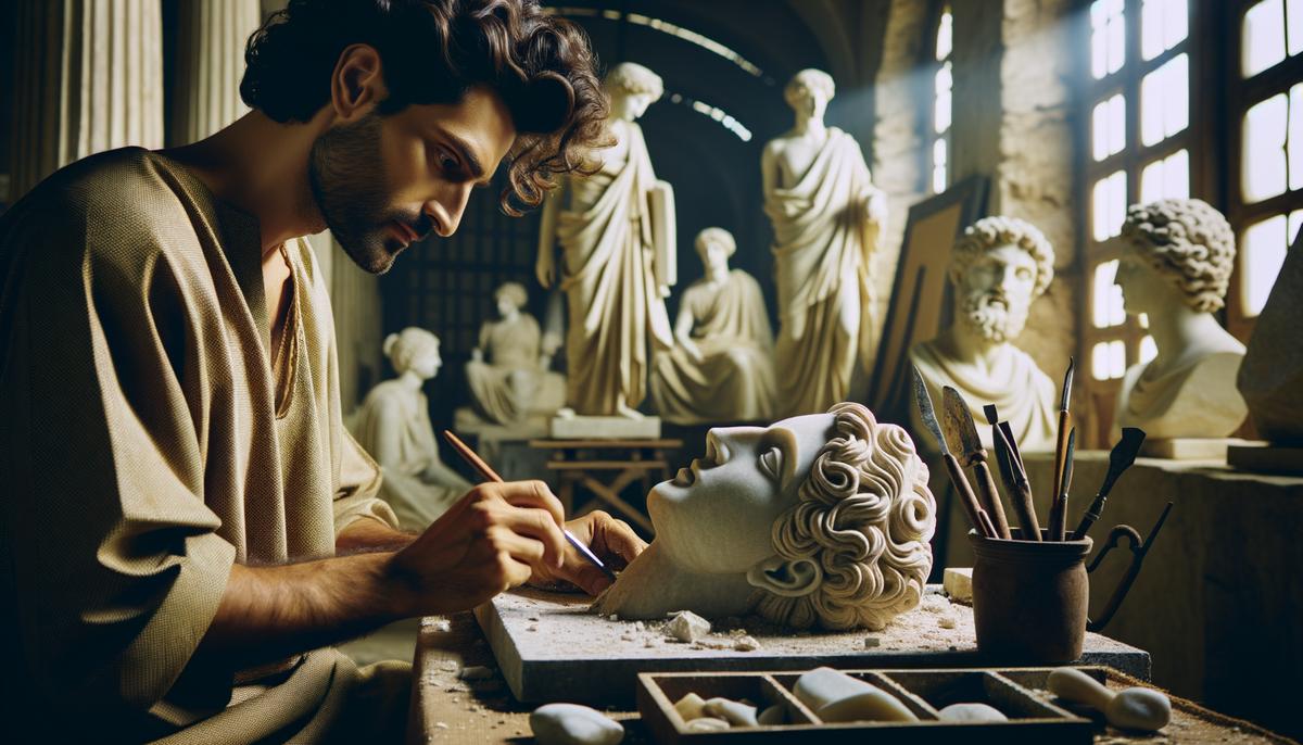 Ancient Greek sculptor Pygmalion chiseling a marble statue of a woman