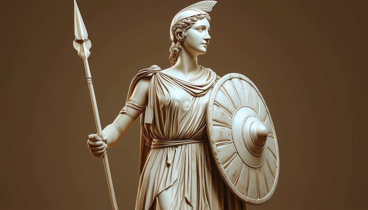 Ancient Greek statue of Athena Polias, the patron goddess of Athens, holding a spear and shield