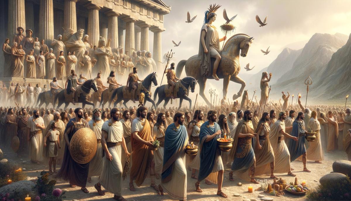 Ancient Greek worshippers participating in a festival honoring Artemis. The scene shows a procession of people carrying offerings and wearing ceremonial clothing. A statue of Artemis can be seen in the background.