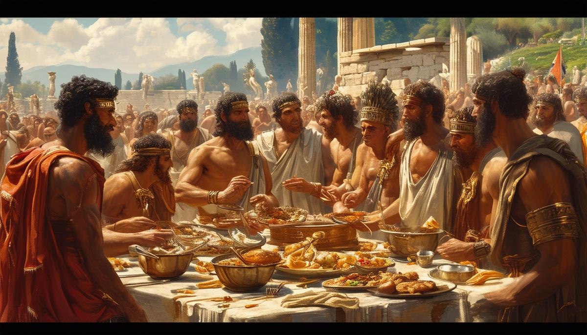 Ancient Greeks celebrating the Kronia festival, with masters and slaves feasting together