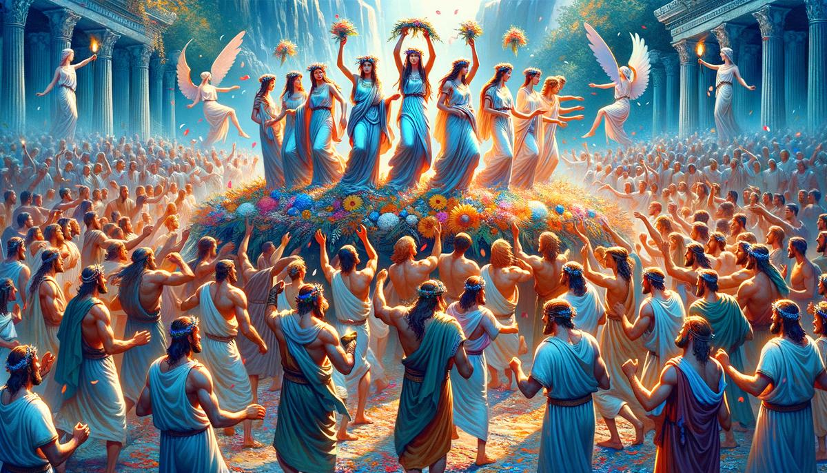 Ancient Greeks worshipping the Charites at a festival, offering flowers and dancing in their honor, illustrating the widespread cult and veneration of these goddesses in ancient Greek society.
