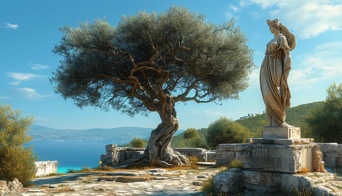 Ancient Lygos tree on the island of Samos with a statue of Hera nearby