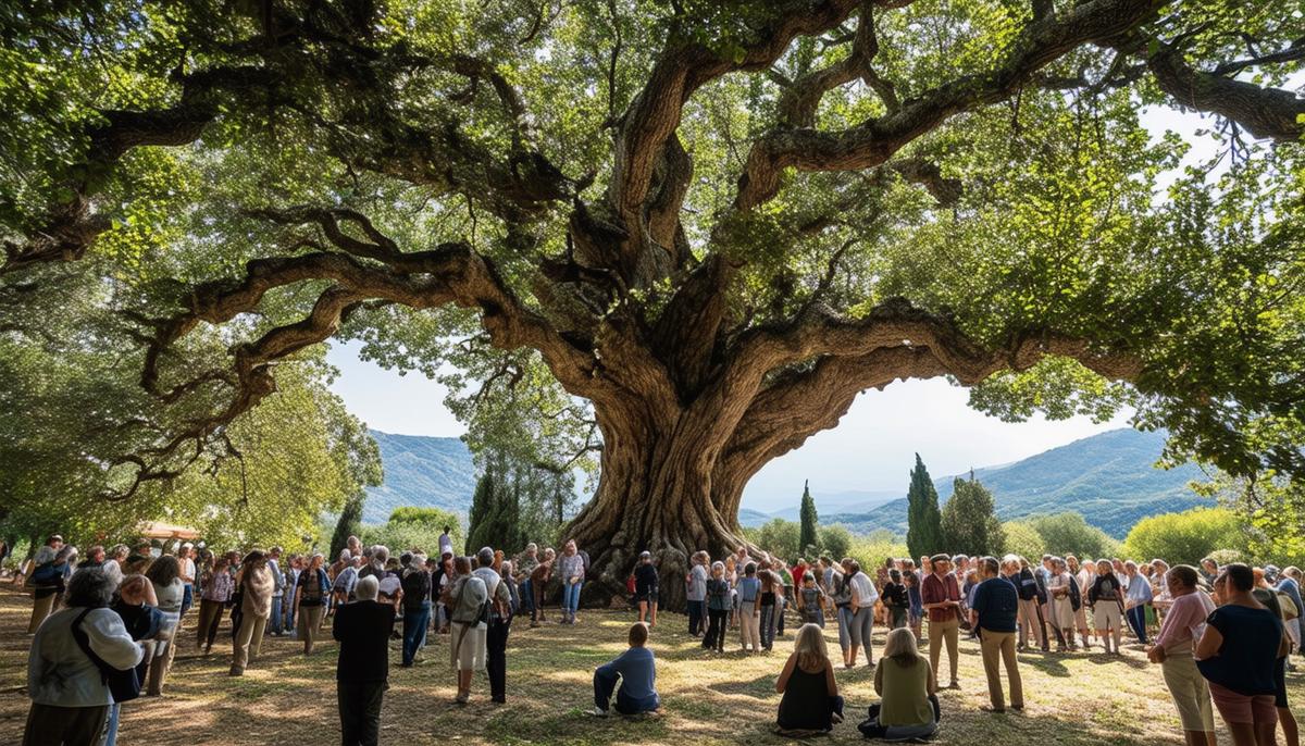 Ancient oak tree in Dodona with people gathered around listening to its rustling leaves