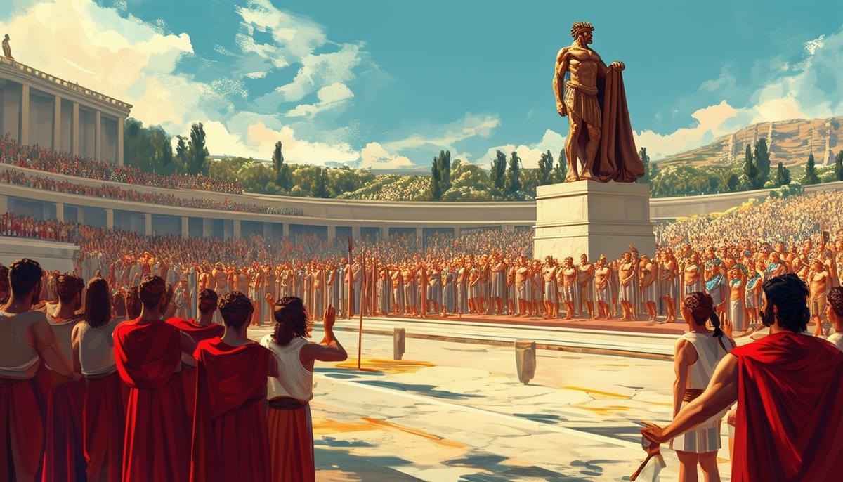 Ancient Olympic Games opening ceremony with athletes taking oaths before the statue of Zeus