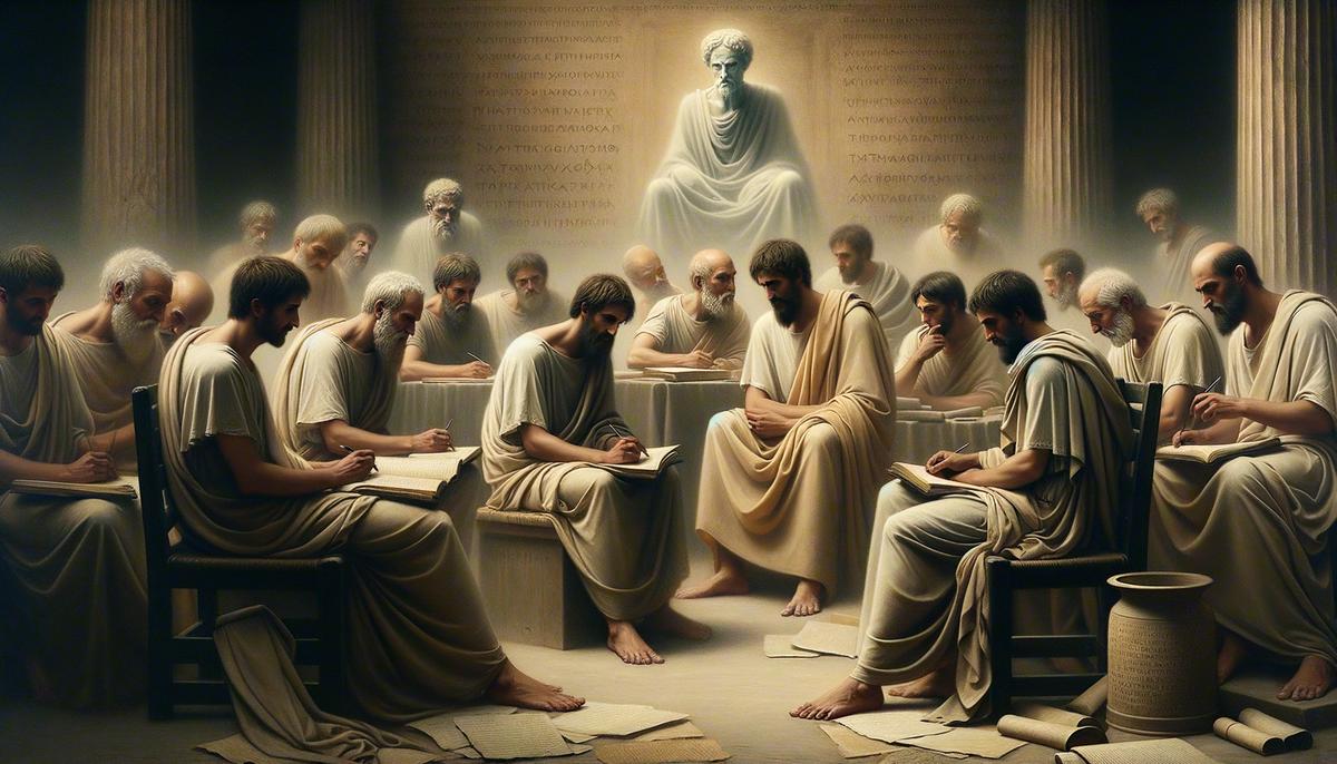 Ancient Stoic philosophers, such as Zeno of Citium, contemplating the role of fate and Heimarmene in human lives