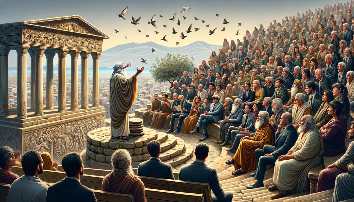 Ancient storyteller narrating myths to a diverse modern audience