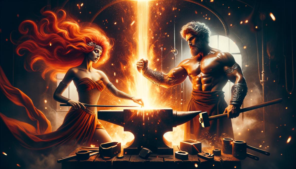 Ankhiale, the Greek goddess of fire, and her husband Hecaterus, the Titan of hands and craftsmanship, working together at a forge