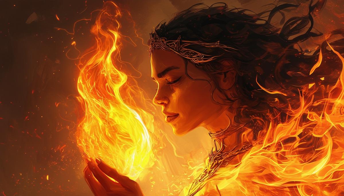 Ankhiale, the Greek goddess of fire, holding a flame that both destroys and creates, symbolizing the dual nature of her power