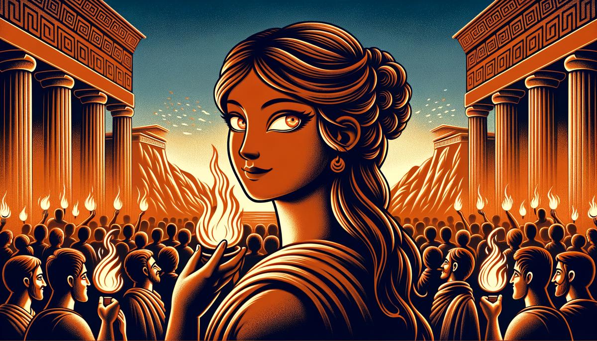 Ankhiale, the Greek goddess of fire, subtly influencing events in a scene from Greek mythology, representing her behind-the-scenes role