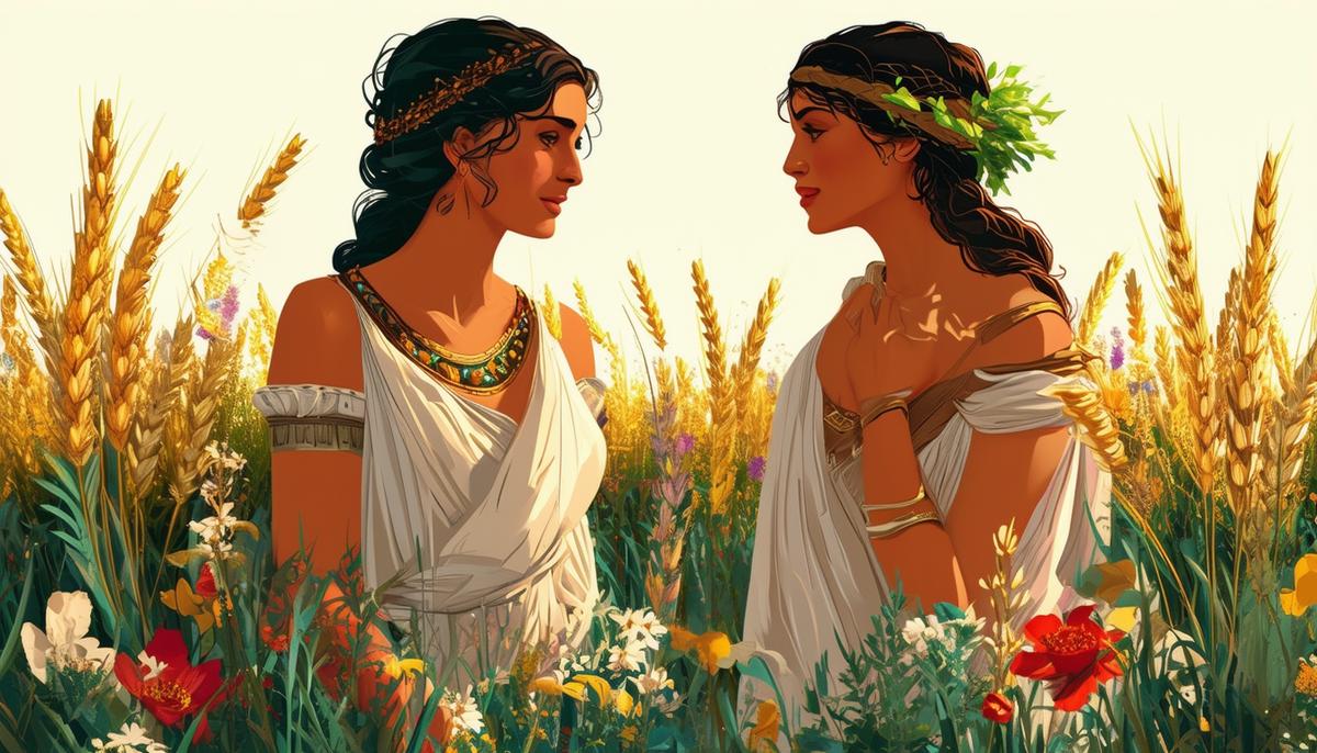 Antheia and Demeter, ancient Greek goddesses, conversing in a lush garden filled with flowers and wheat