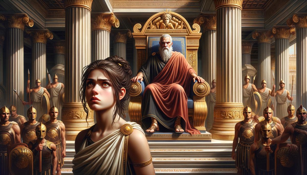Antigone standing defiantly before King Creon in the throne room of Thebes