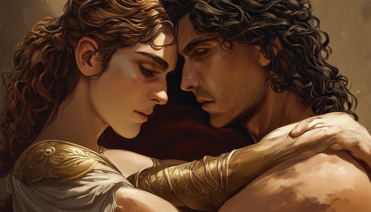Antiope and Theseus embracing, with tension and conflict in their eyes, representing their complex love story