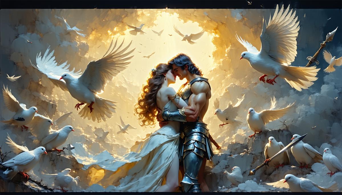 Aphrodite and Ares in a passionate embrace, surrounded by doves and weapons