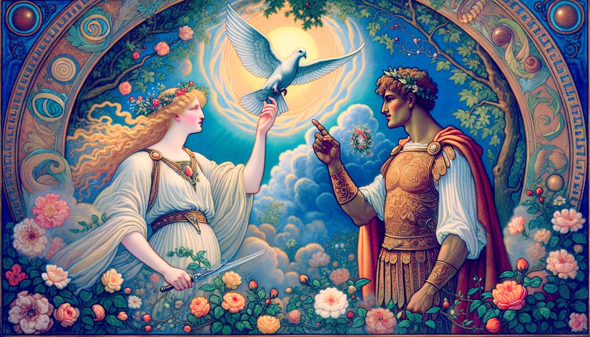 Aphrodite bestowing her favor and promises of love on Paris