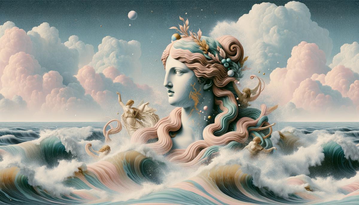 Aphrodite gracefully emerging from the sea foam, her long hair flowing in the wind