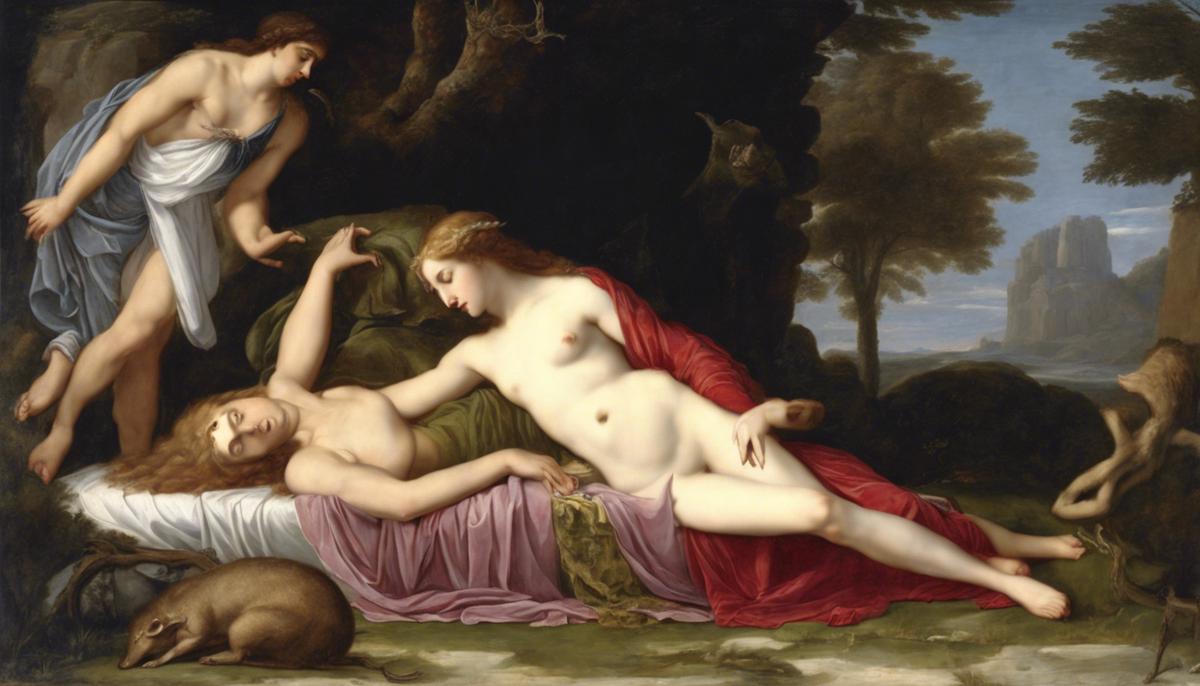 Aphrodite mourning over the lifeless body of her lover Adonis, who was killed by a wild boar