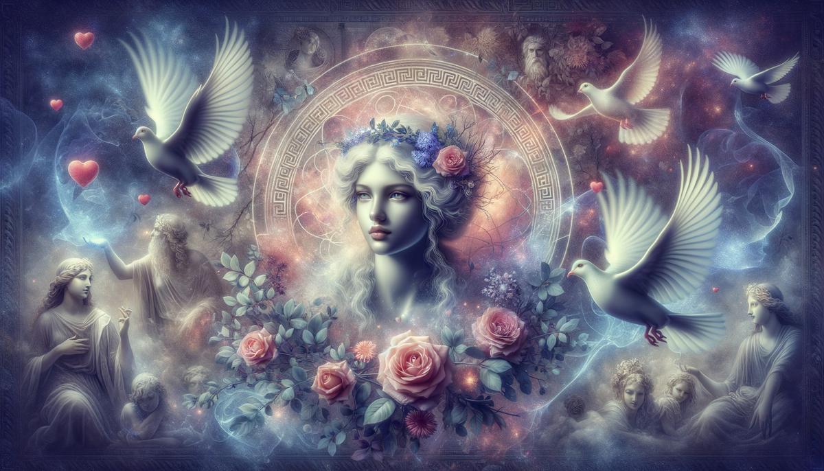 Aphrodite surrounded by symbols of love and beauty, influencing both gods and mortals
