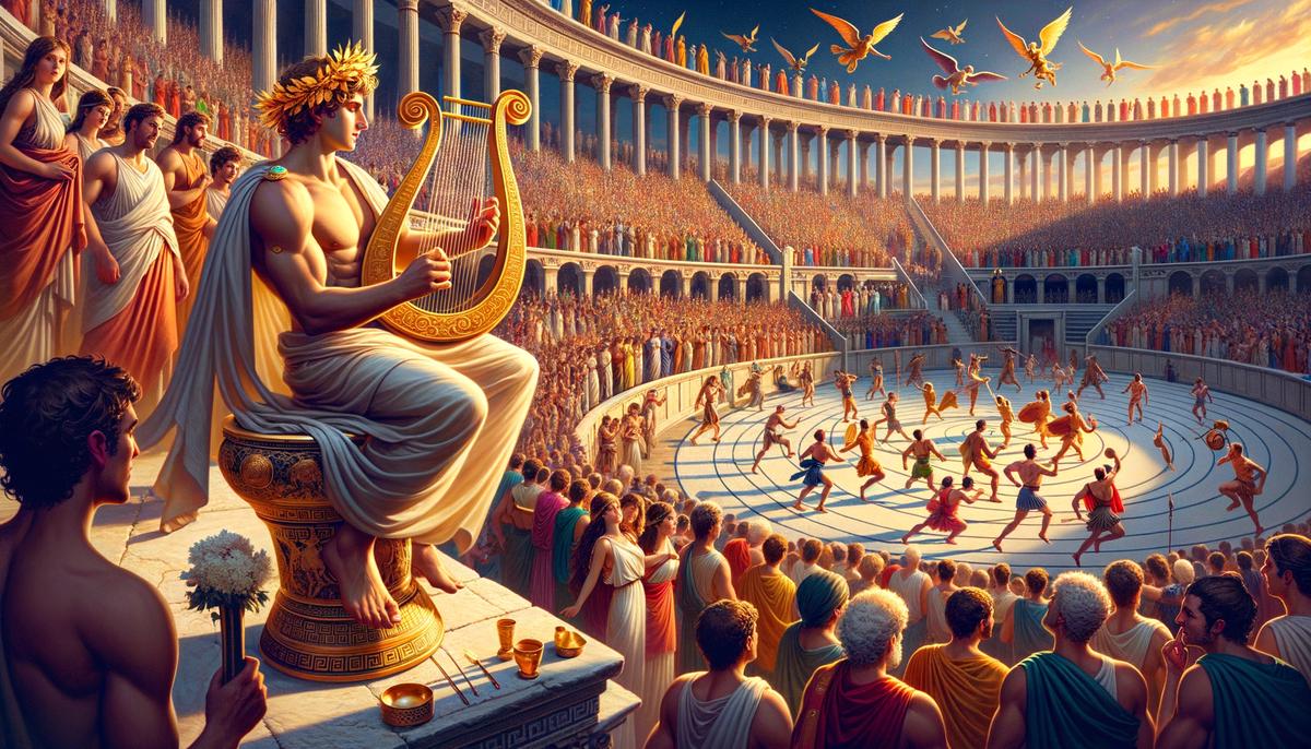 Apollo, a radiant Greek god, playing a golden lyre during the Pythian Games, surrounded by admiring spectators and fellow gods