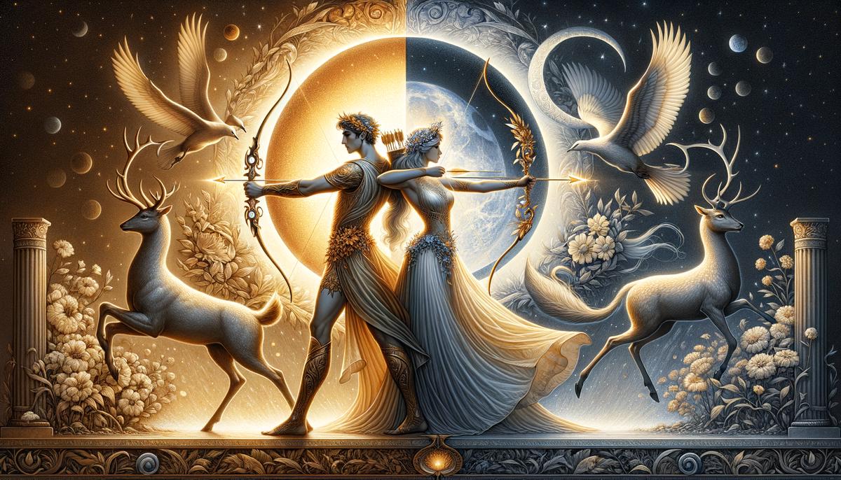 Apollo and Artemis showcasing their archery skills side by side