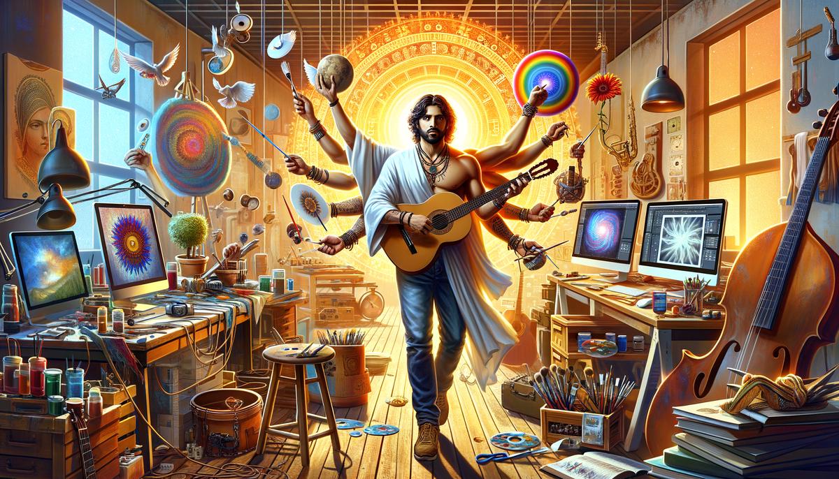 Apollo as a multi-talented artist in a creative studio