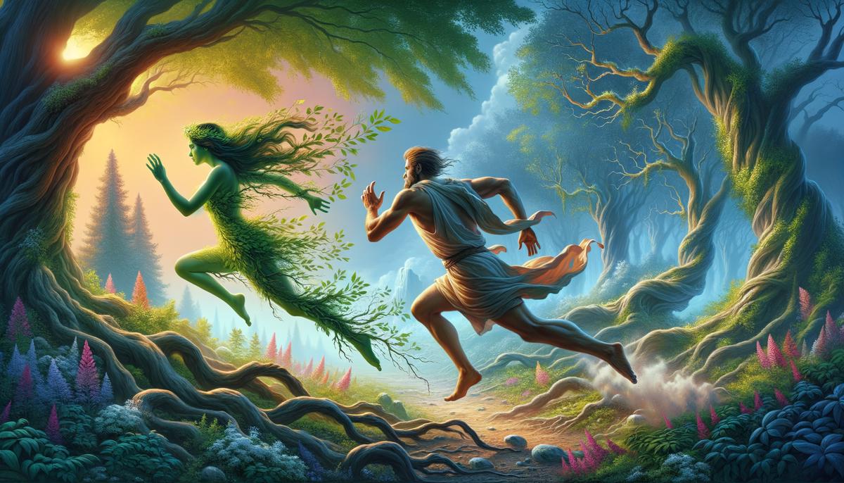 Apollo chasing Daphne through a lush forest as she begins to transform into a laurel tree