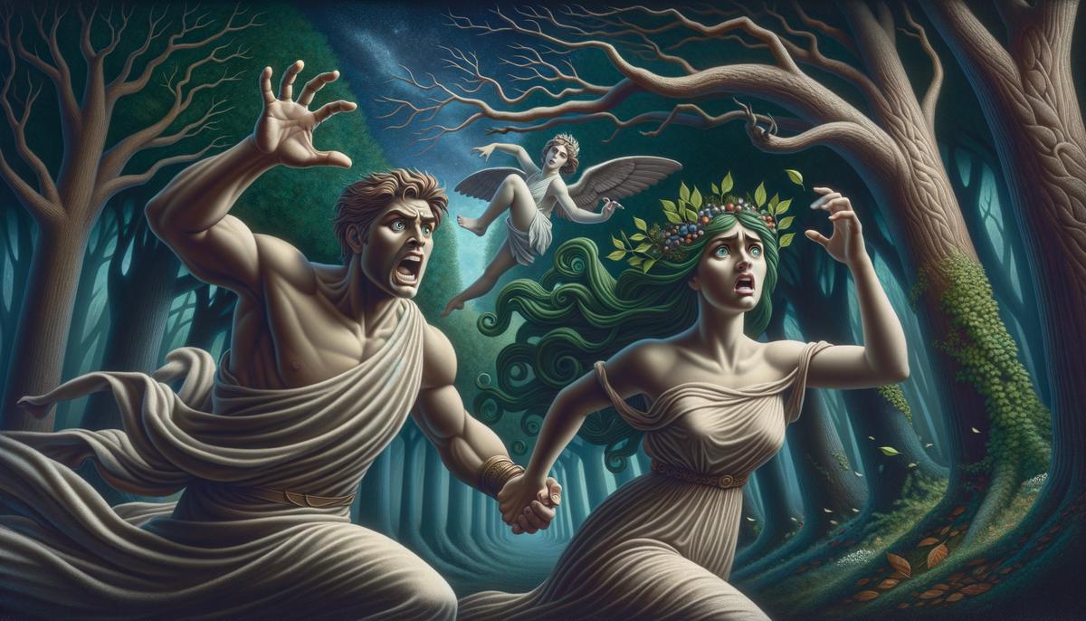 Apollo chasing Daphne through an enchanted forest as she begins to transform into a laurel tree