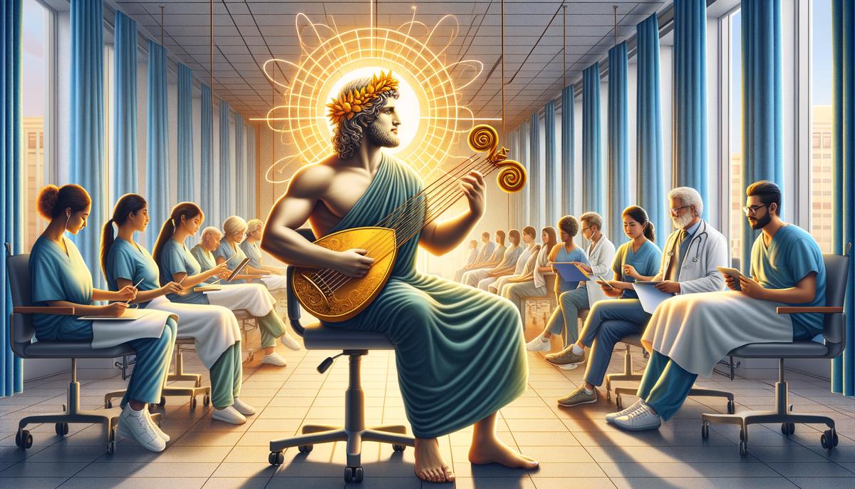 Apollo introducing music therapy to patients in a modern hospital