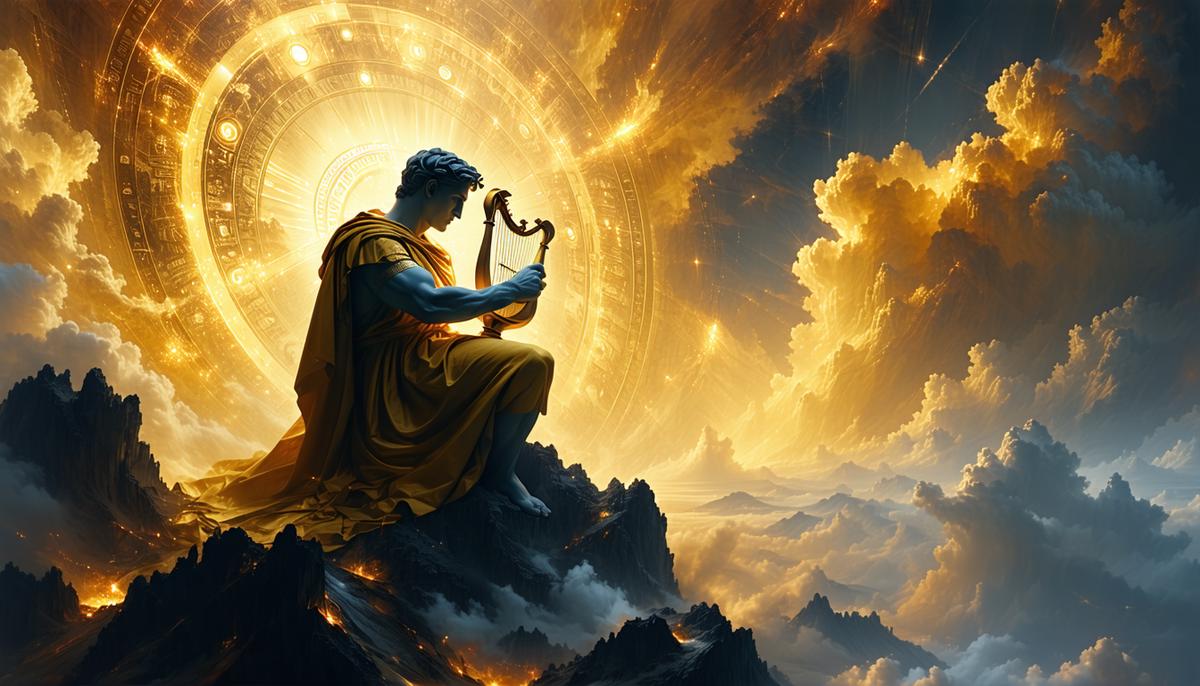 Apollo playing a golden lyre on Mount Olympus, surrounded by divine light and artistic symbols