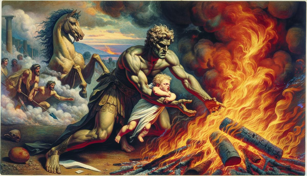 Apollo rescuing baby Asclepius from the burning pyre of his mother Koronis