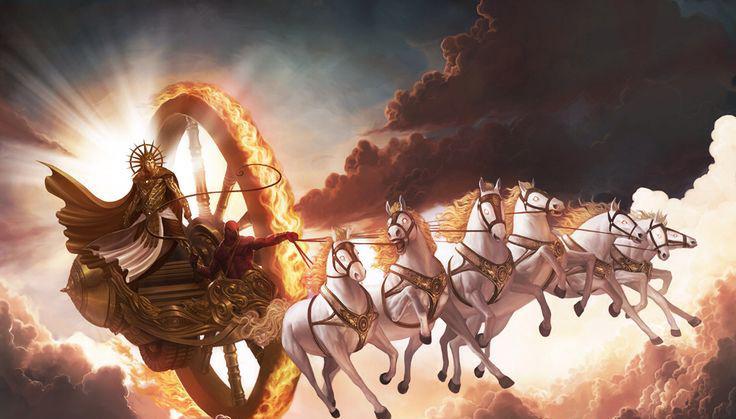 Apollo riding his sun chariot across the sky, radiating light and wisdom