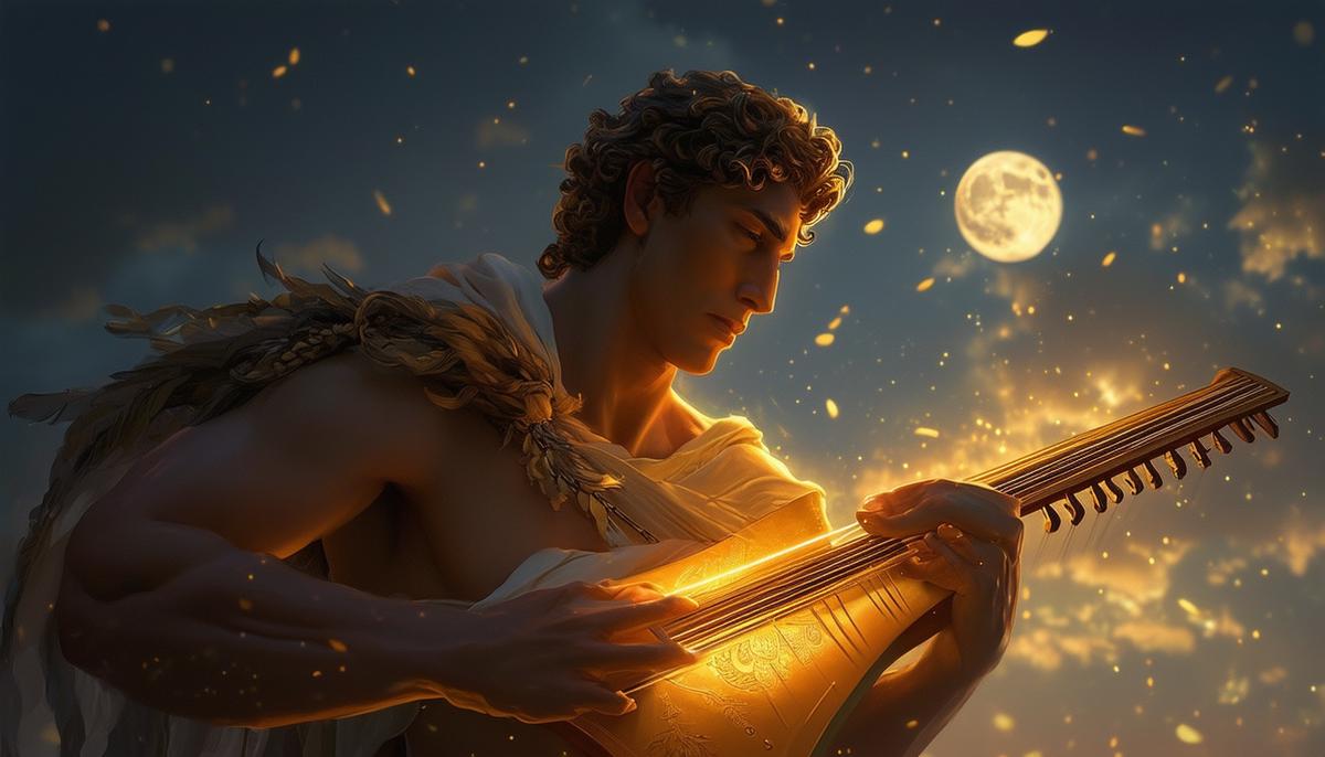 Apollo, the Greek god of music, playing his iconic lyre under a moonlit sky. The lyre's strings glow with a soft, golden light as Apollo strums, symbolizing the divine melodies and prophecies he creates. The scene conveys a sense of harmony, creativity, and emotional depth.