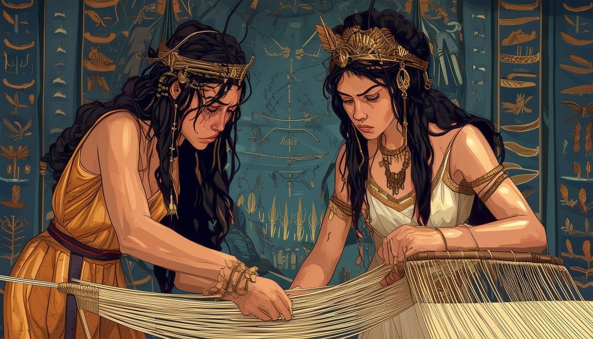 Arachne and Athena engaged in a weaving contest, with Arachne's work depicting the gods' scandals and Athena's showcasing their glory. Athena looks displeased as she observes Arachne's technically perfect but irreverent tapestry.