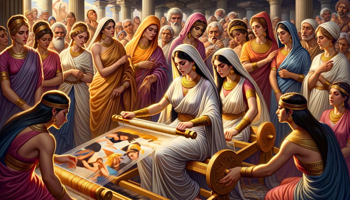 Arachne and Athena engaged in a weaving contest