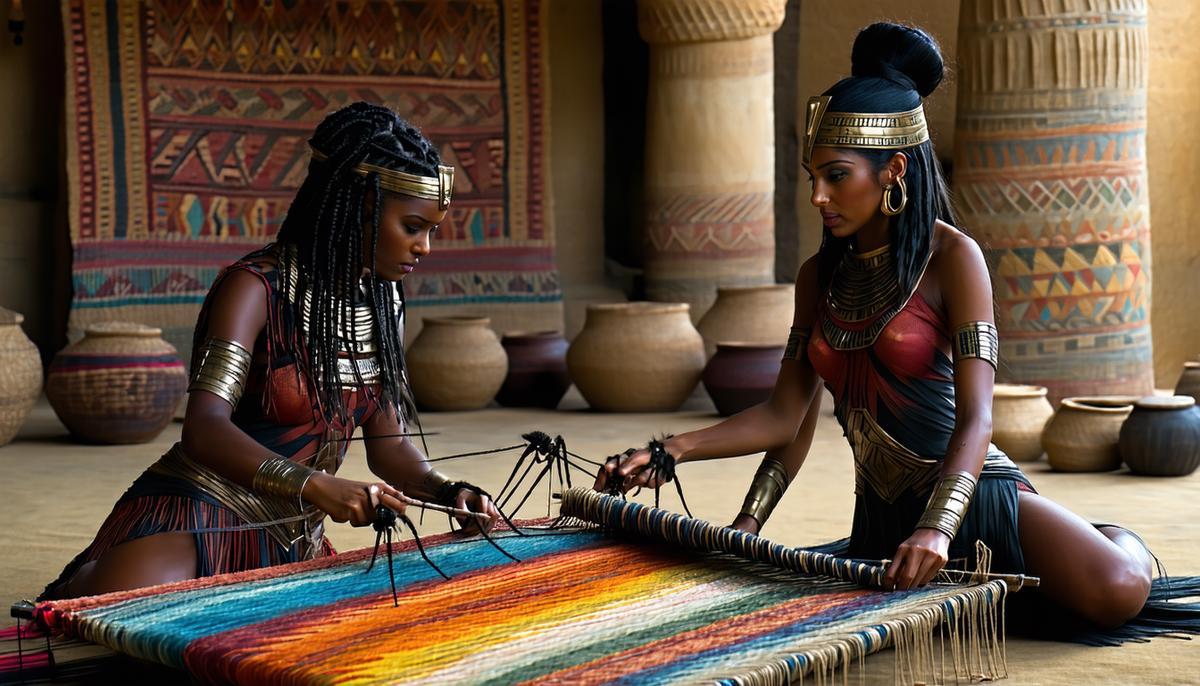 Arachne and Athena in an intense weaving competition, showcasing their intricate works
