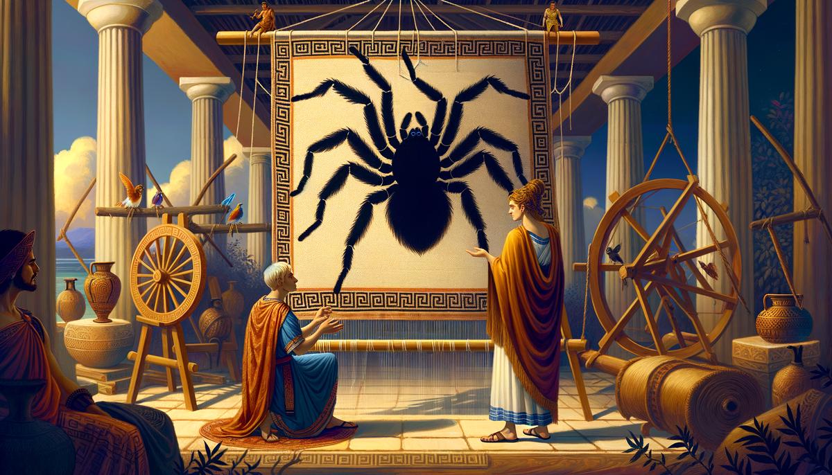 Arachne being transformed into a spider by Athena as punishment for her hubris