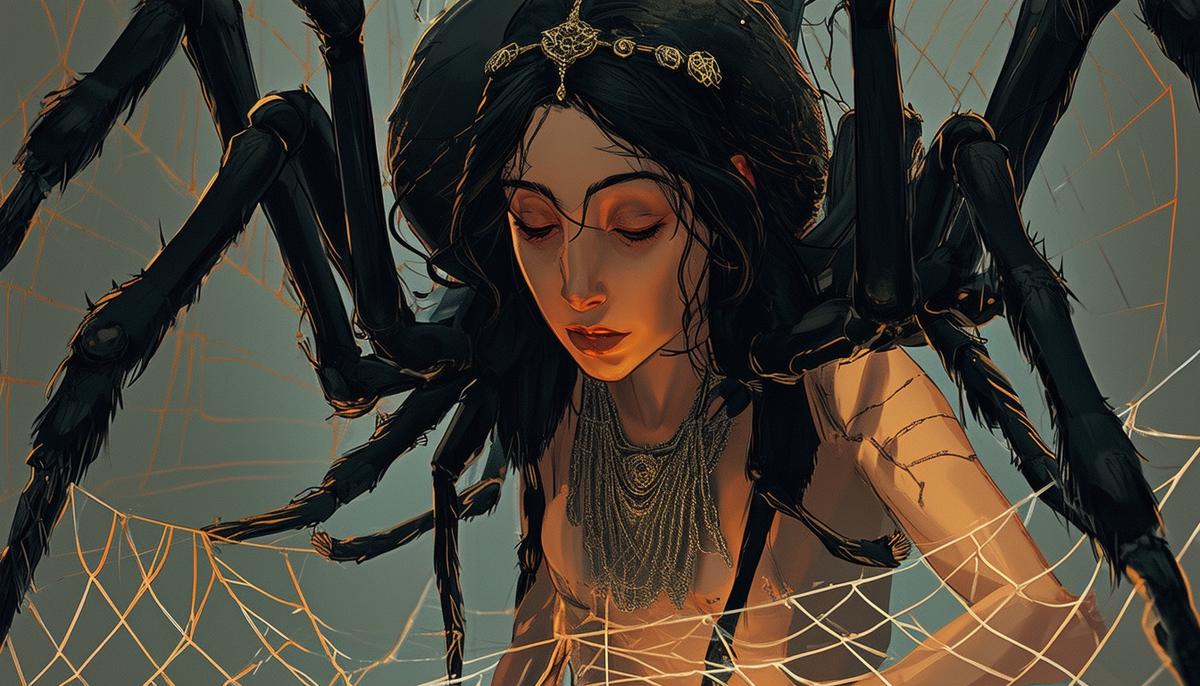 Arachne, transformed into a spider, weaving an intricate web as her eternal punishment for challenging Athena to a weaving contest.