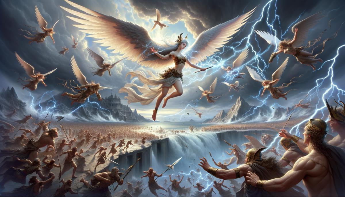 Arce serving as the messenger for the Titans during the Titanomachy, the war between the Titans and the Olympian gods