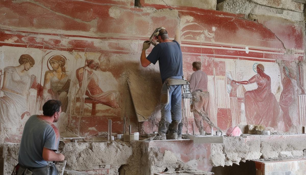 Archaeologists and restoration experts working on preserving and restoring ancient frescoes in Pompeii