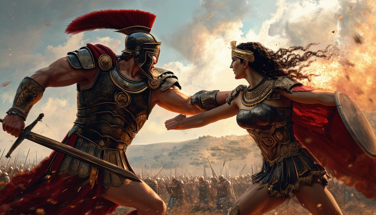 Ares and Athena clashing on a battlefield, representing brute force versus strategy