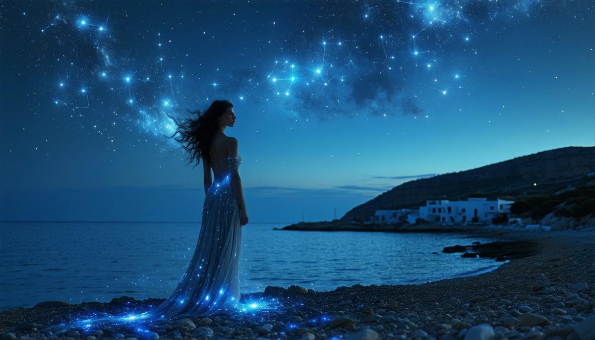 Ariadne on the shore of Naxos, transforming from a mortal to a constellation with Dionysus nearby