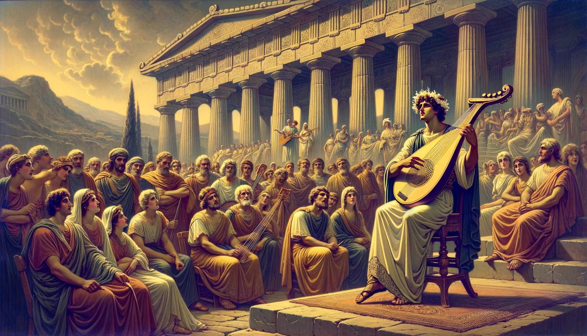 Arion playing his lyre before a captivated audience in ancient Corinth