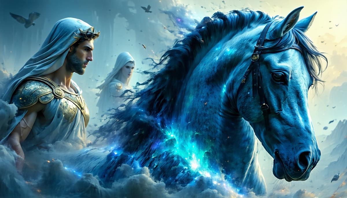Arion the immortal horse, with Poseidon and Demeter depicted in the background